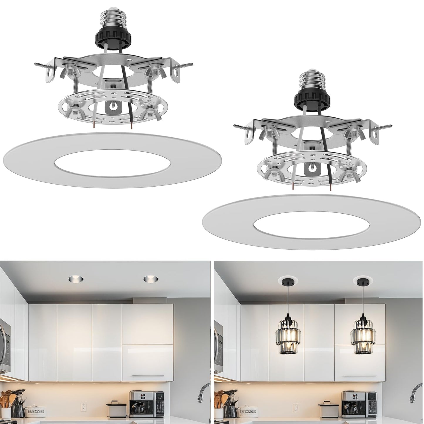 tebio Recessed Can Light Conversion Kit for 5" and 6" Ceiling Fixtures - Pendant/Hanging Light Upgrade, Compatible with Ceiling Fans, Includes 7¾" Flat Steel Medallion, White Finish,2 Pack