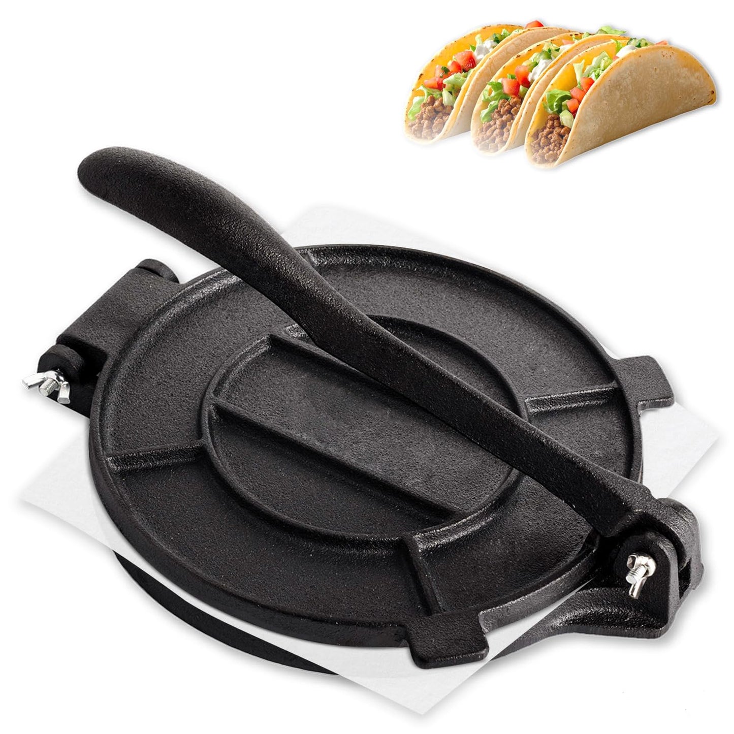 Cast Iron Tortilla Press 10 inch, Heavy Duty Tortilla Pataconera, Flour Tortilla Press with Foldable Handle, Taco press with Some Parchment Paper, Roti Maker, Black