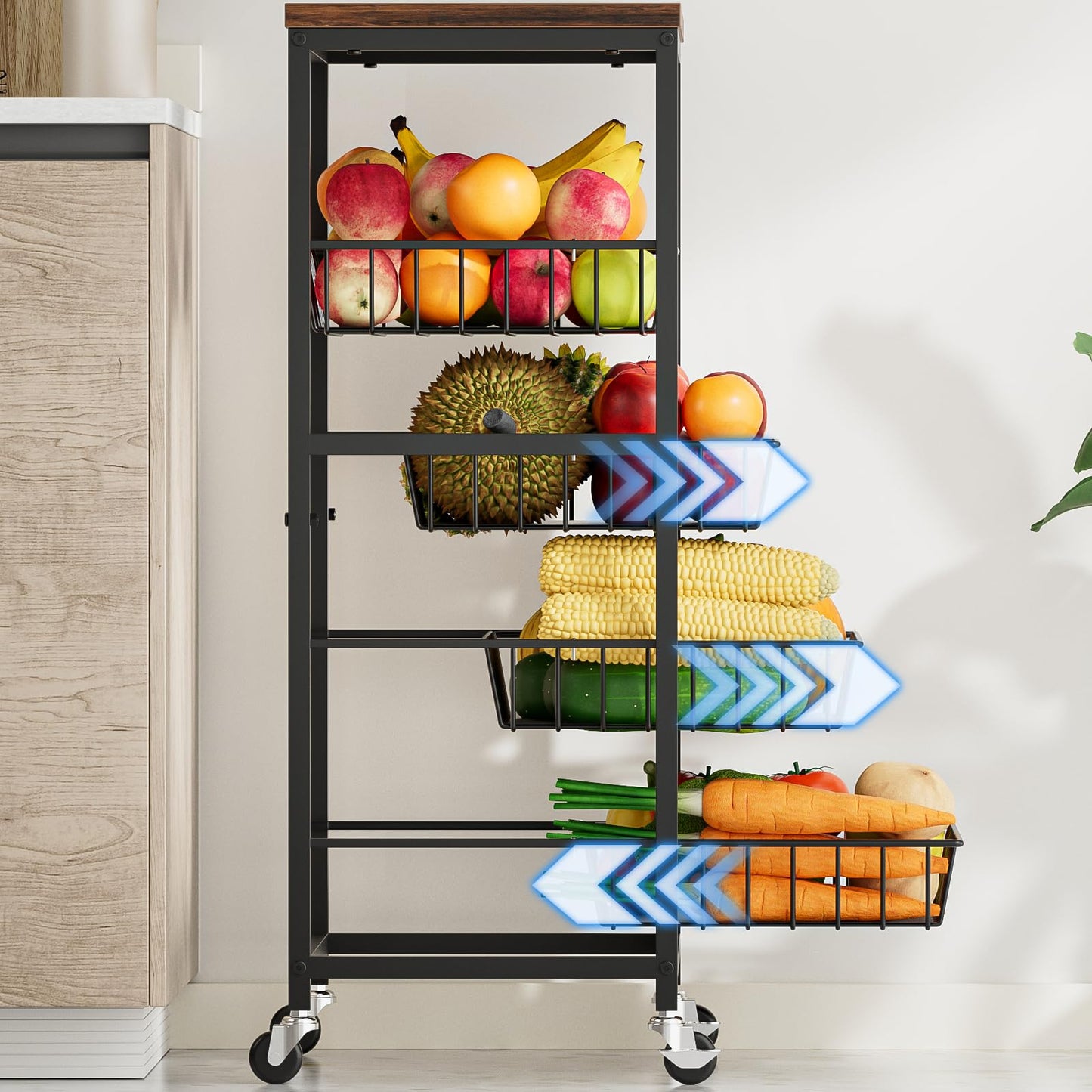 Venkuber Fruit Vegetable Cart, 4-Tier Snack & Kitchen Cart on Wheels with Storage, Pull-Out Baskets & Wood Top, Rolling Organizer for Pantry, Living Room (Brown)