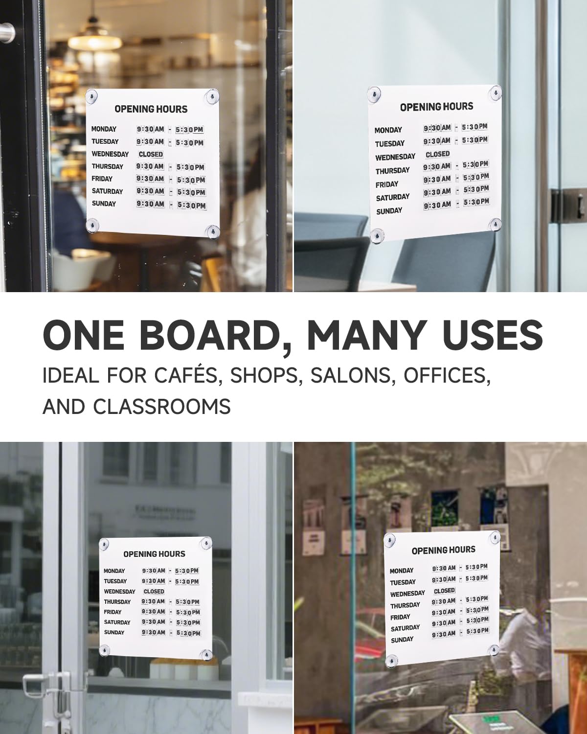 Metal Business Hours Sign with Suction Cups - Magnetic Open Closed Display Board for Storefront Window, Glass Door, Tile Wall & Counter - Changeable, Reusable & Rust-Resistant Steel Kit (White Board)
