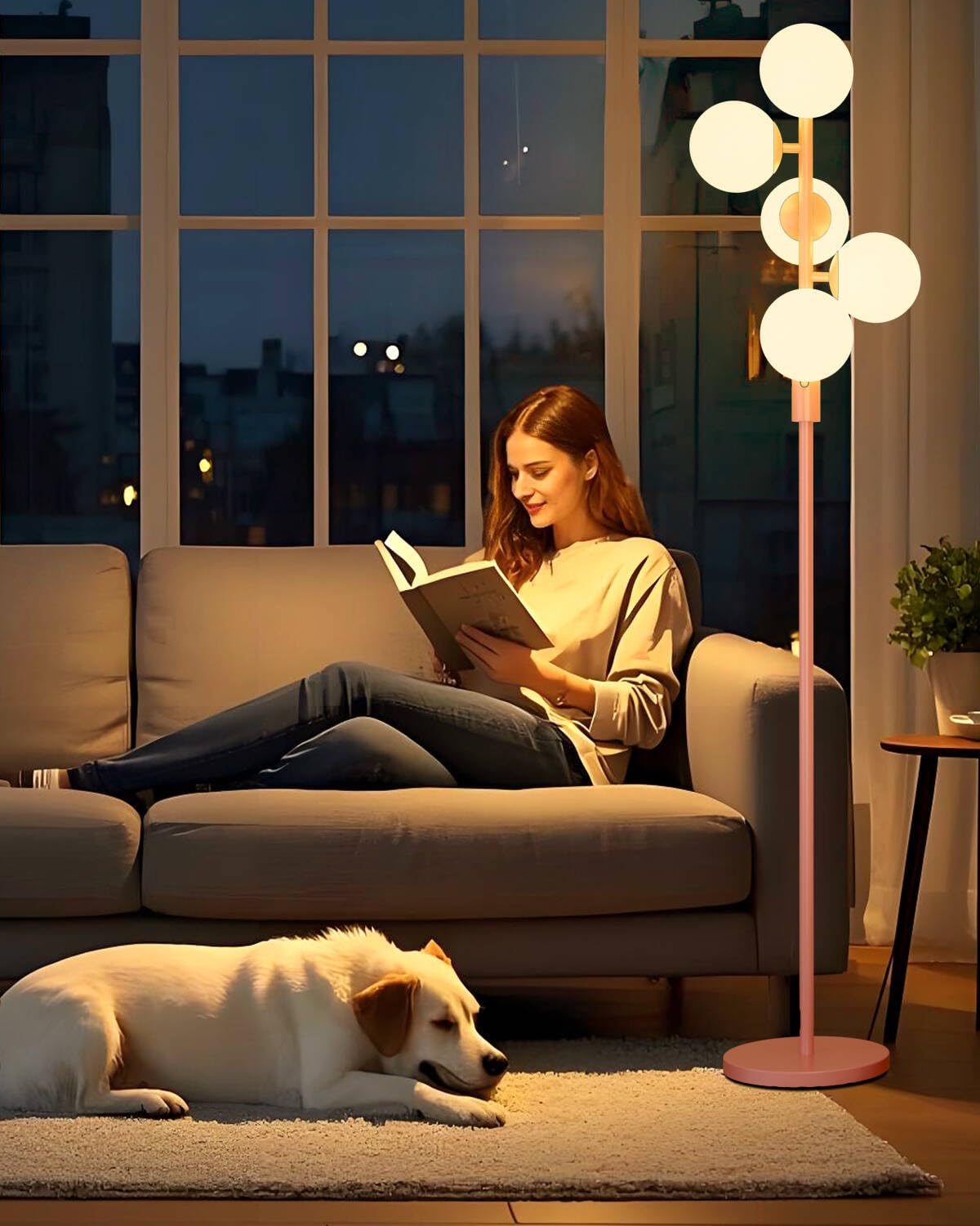 ACOHOOK 64IN Dimmable Pink Floor Lamp, Tall Standing Lamps with 5 Globe Soft Warm White Eye Care 3000K G9 Bulbs, Mid Century Modern Floor Lamp with 5Lbs Heavy Base for Living Room Bedroom Office
