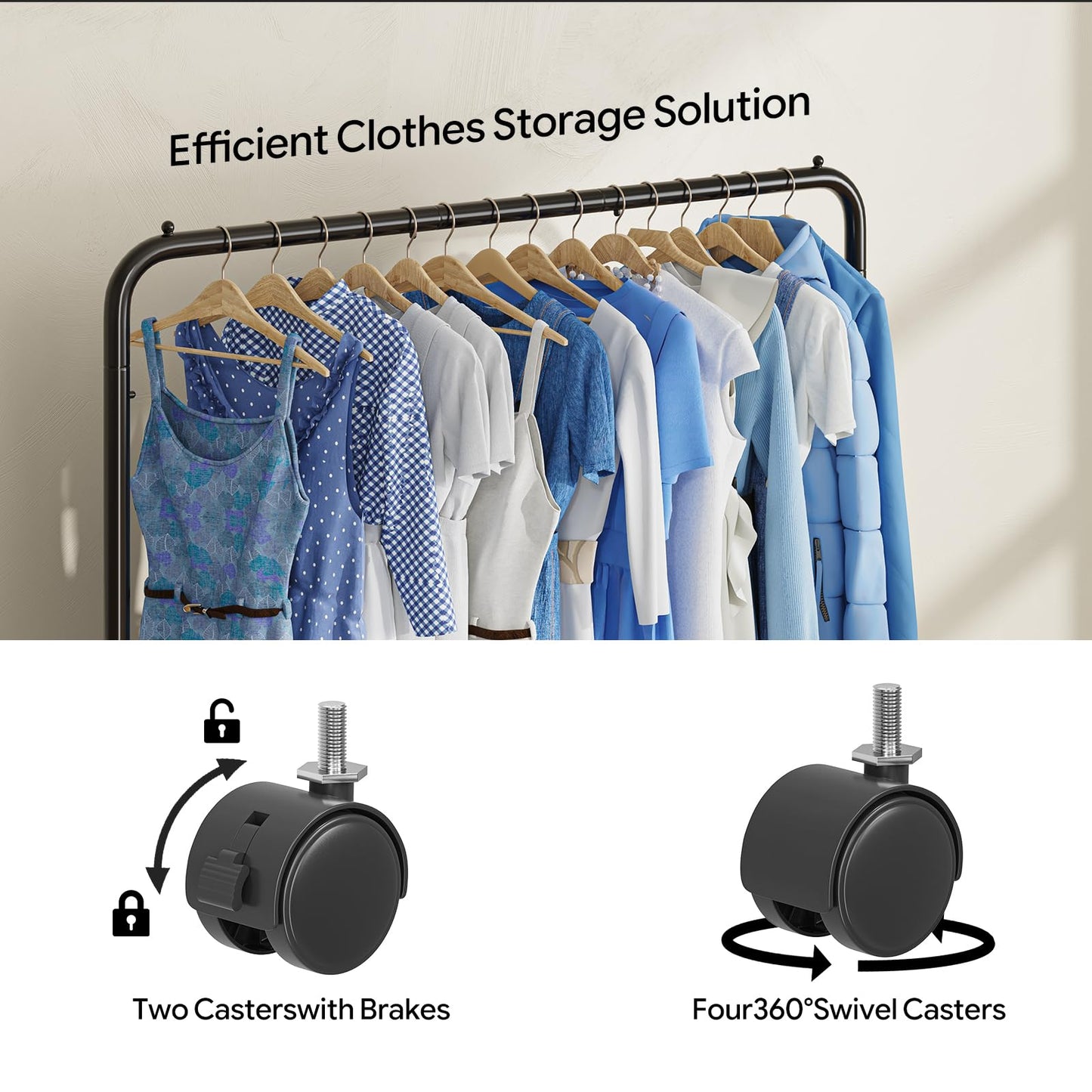 Simple Trending Clothing Rack for Hanging clothes, Portable Garment Rack with Bottom Shelf, Metal Clothes Rack on Wheels for Bedroom, Laundry Room, Black