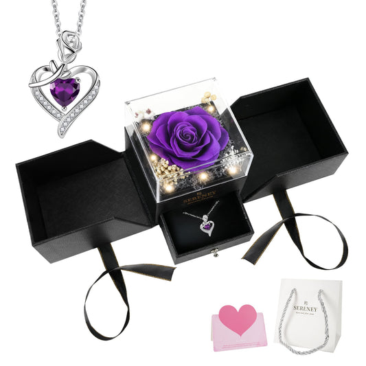 Sereney Preserved Purple Flower Rose with Necklace, Forever Flowers Eternal Rose with Purple Heart Jewelry Gifts for Women Mom Wife Grandma Friend as Anniversary Christmas Birthday Gifts