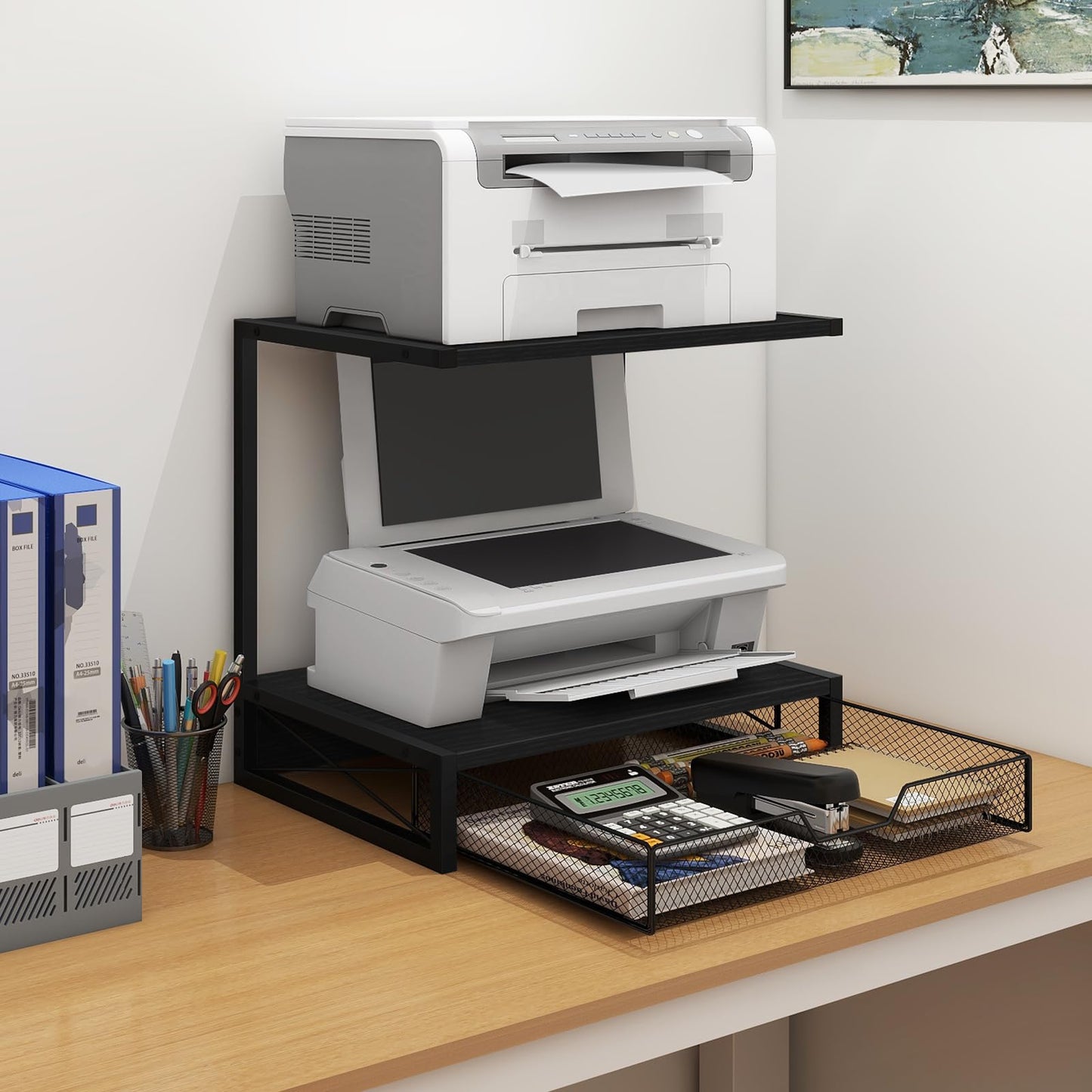 ELITEROO 2-Tier Printer Shelf with Drawers, Wooden Desk Organizer Shelf for Small Printers and Office Supplies, Desktop Storage Rack for Books, Folders, Scanner, Fax Machine, 3D Printer, Black