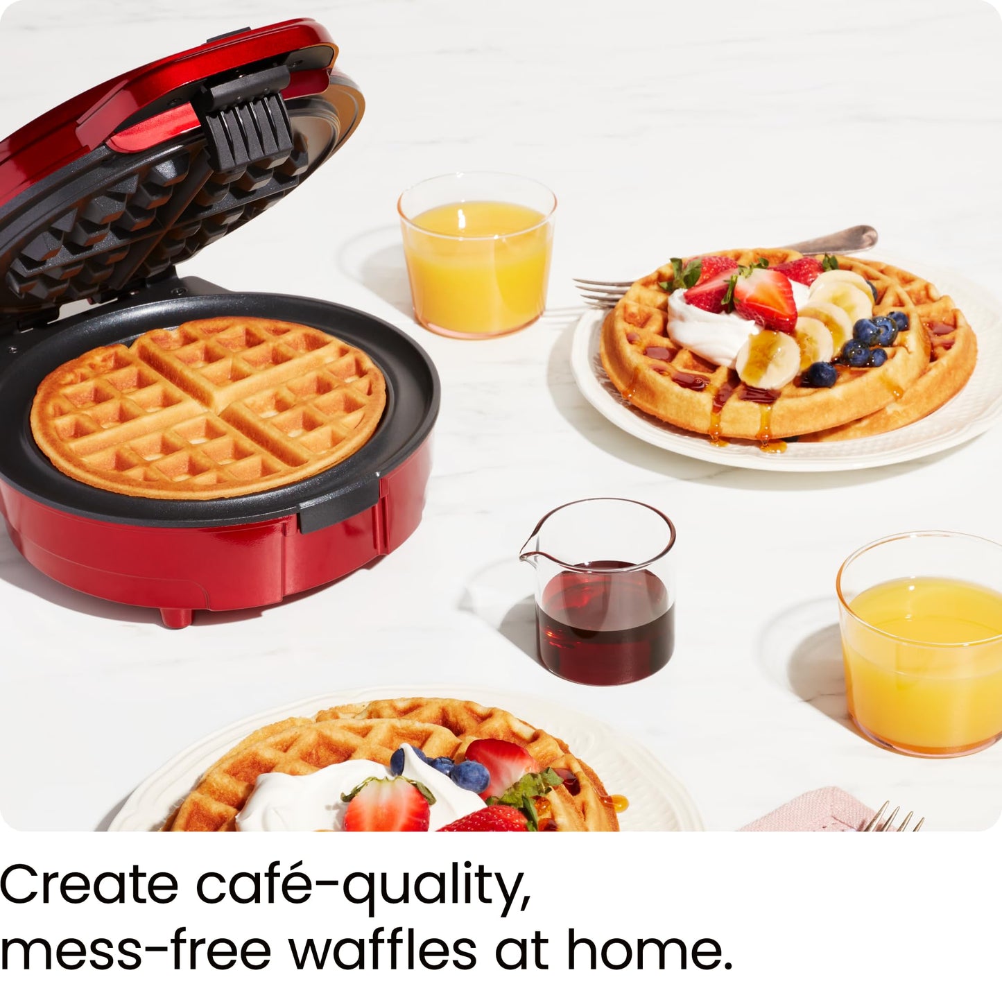 Chefman Anti-Overflow Belgian Waffle Maker w/Shade Selector, Temperature Control Mess Free Moat, Round Iron w/Nonstick Plates & Cool Touch Handle, Measuring Cup Included, Red