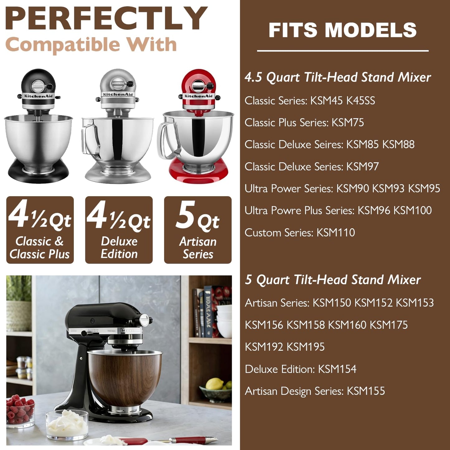 Stainless Steel 5 Quart Mixer Bowl for Kitchenaid Classic&Artisan Tilt Head Stand Mixer, Wood Texture, Fit for K45, KSM75, KSM90, KSM150, Heavy Duty, Dishwasher Safe