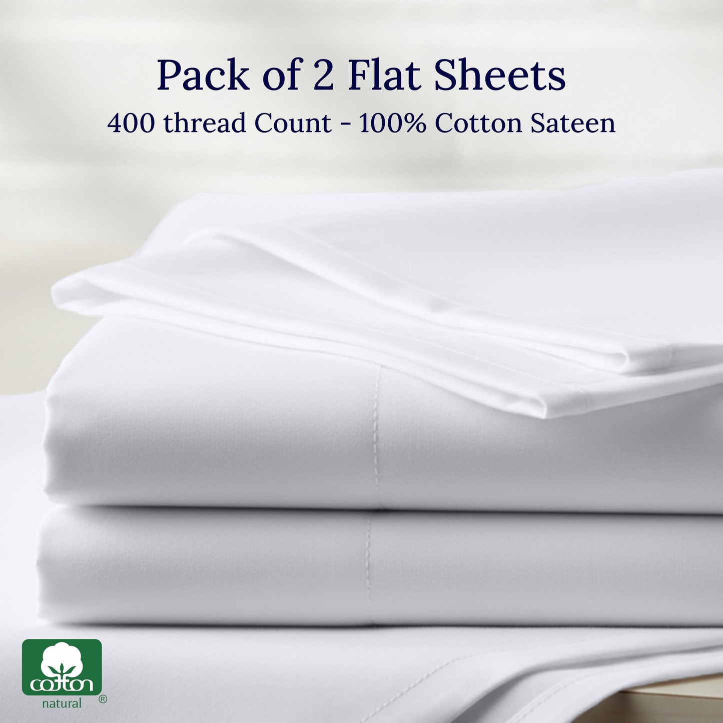 California Design Den Twin Flat Sheets Only Pack of 2-400 Thread Count, 100% Cotton Sateen, Soft and Breathable Top Sheet Only Pack, Elegant 4" Hem Style - White