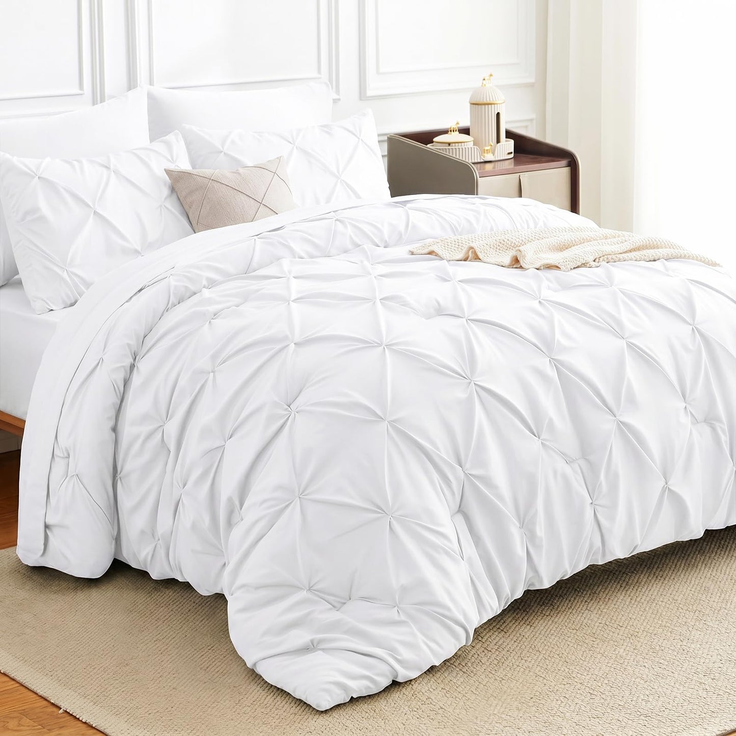 HIMEET King Size Comforter Set White - 7 Pieces Pintuck Bed in a Bag, Pinch Pleat Modern Room Decor, All-Season Soft Bedding Gift with Comforter, Sheets, Pillowcases & Shams