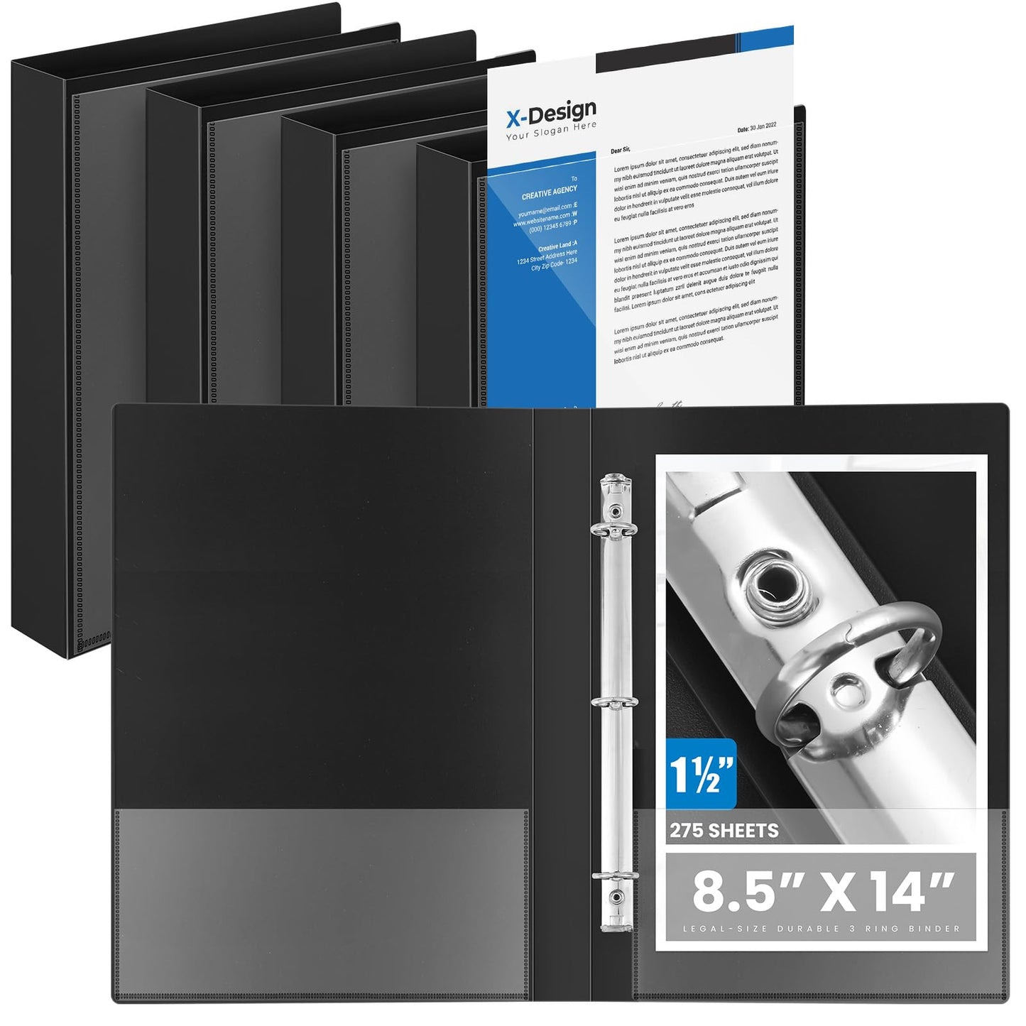 Henoyso 4 Pcs 1.5" Legal Size PP Plastic Binders with View Cover, Durable 3 Ring Black Binders for 8.5" x 14" Paper, Hold up to 275 Sheets for Documents, Office, Home, Work Places