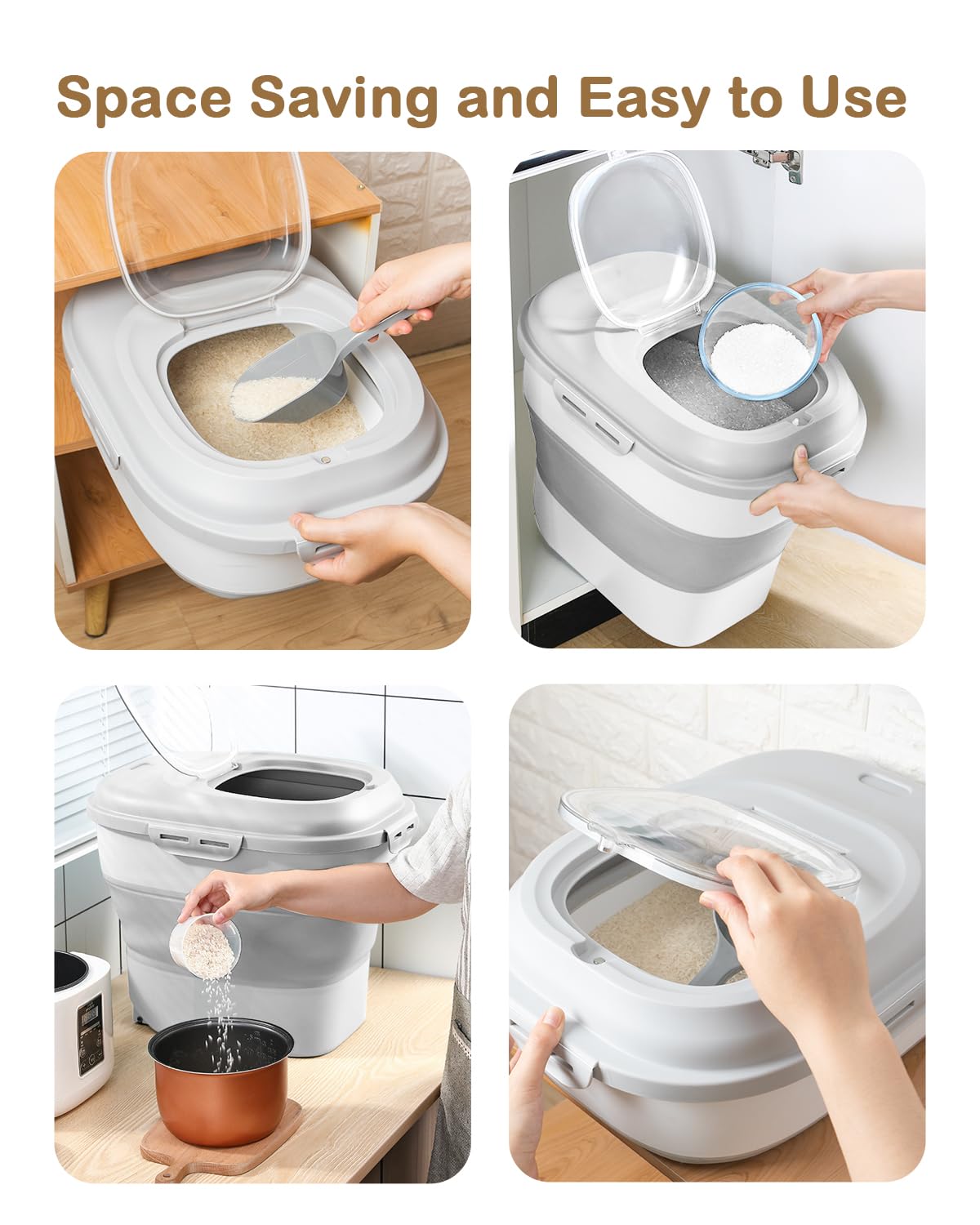 DDMOMMY 20-50 Lbs Food Storage Container With Wheel, Airtight Locking Lid, Collapsible Rice Container, Flour Storage With Small Container and Scoop, Suitable for Pet Food