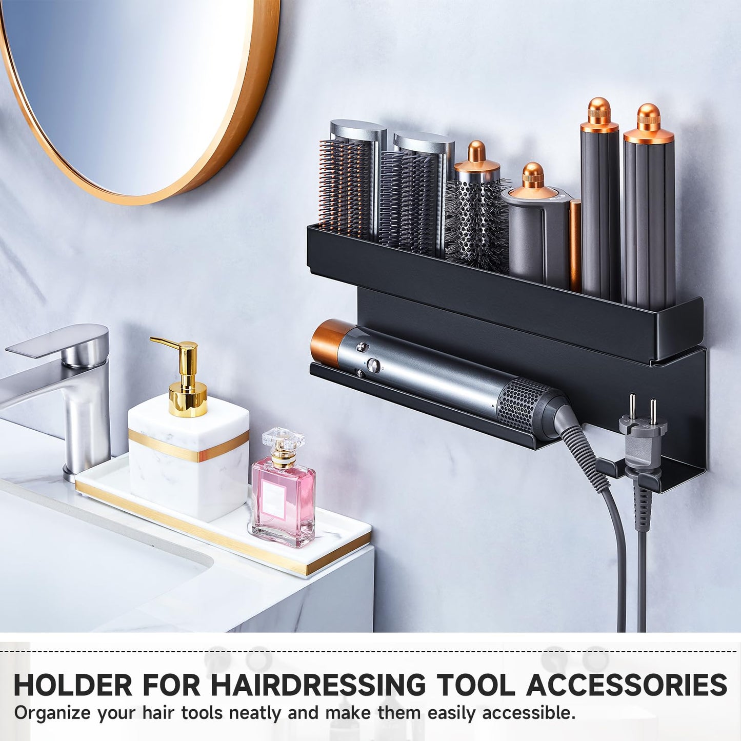 Storage Hair Dryer Holder for Curling Iron Accessories, Hair Tool Organizer Wall Mount, Curling Iron Holder Organizer, Bathroom Hair Straightener Holder Stand for Styler Attachments Organizer, Black
