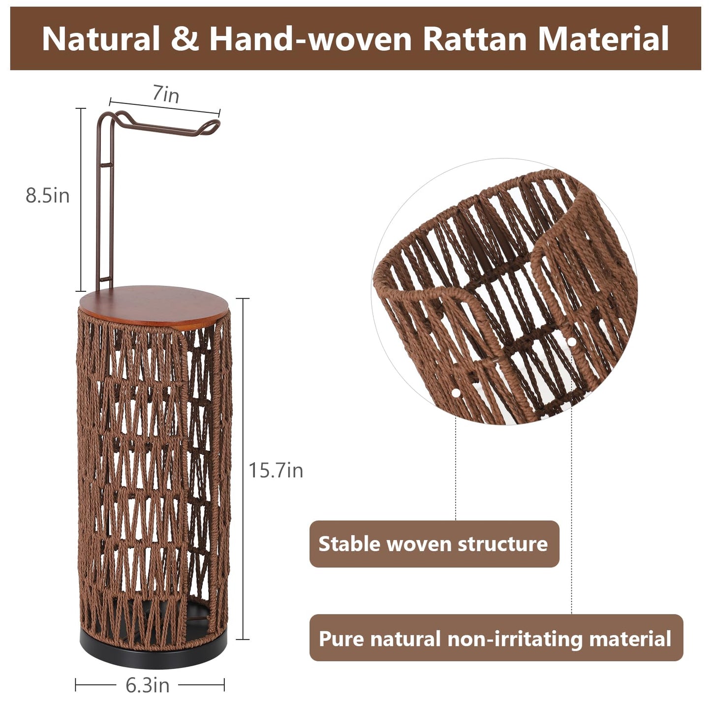 Trongee Freestanding Toilet Paper Holder with Storage,3 Rolls of Rattan Tissue Holder for Bathroom,Woven Toilet Paper Roll Holder Stand,Boho Bathroom Decor Farmhouse Toilet Paper Storage-Deep Brown