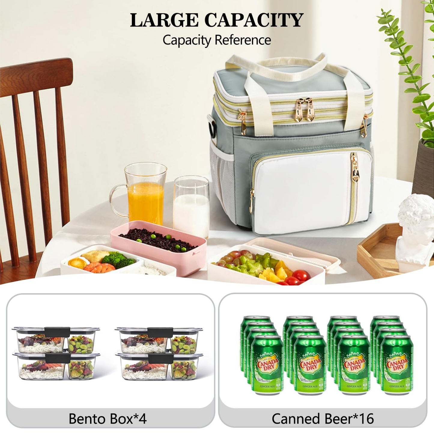 BAGNN Lunch Box for Women, Expandable Large Double Deck Insulated Lunch Bag with Strap, Lightweight Leakproof Cooler Tote Bag, Adult LunchBox for Work, Picnic, Beach & Travel, 16L, Olive Green & White