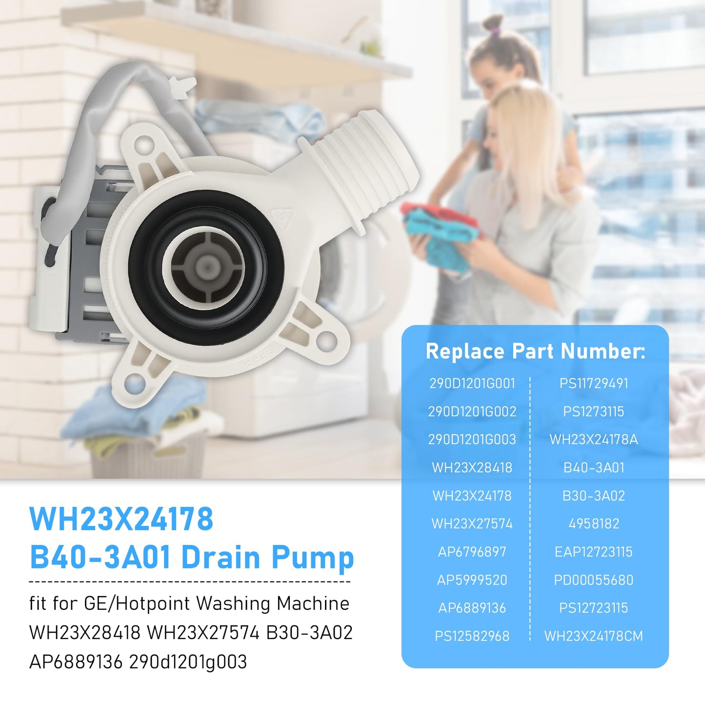 Pump fit for GE Hotpoint HANYU B30-3A02 B40-3A01 WH23X27574 290D1201G003 Washer Drain Pump WH23X28418 WH23X24178 290D1201G002/1 GTW330ASK GTW335ASN GTW465ASN GTW680BS HTW200ASK PTW600BS Vypart