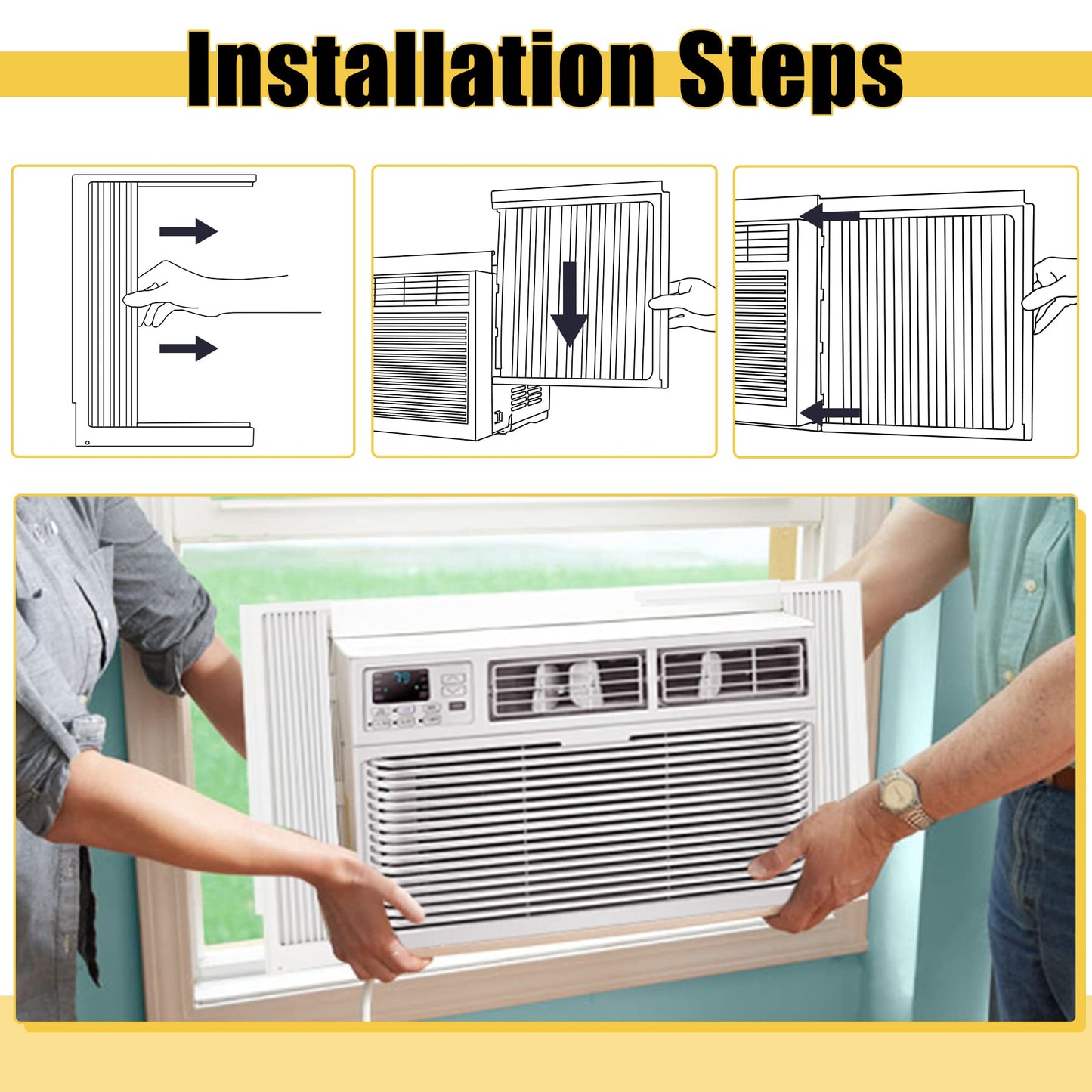 Powrocket Window AC Side Panel with Frame Set,Air Conditioner Accordion Filler Curtain Replacement Kit,Fits Most 10000 BTU Window Air Conditioner Units,White