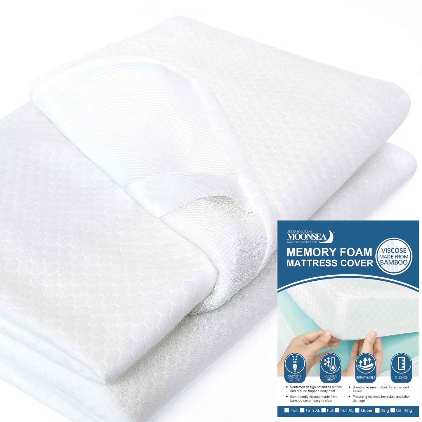 Cover for Mattress Topper Full Size, 3-4 Inch Full Memory Foam Cover with Zipper, Viscose Made from Bamboo and 3D Mesh Fabric Backing Latex Mattress Topper Removable Cover with Straps