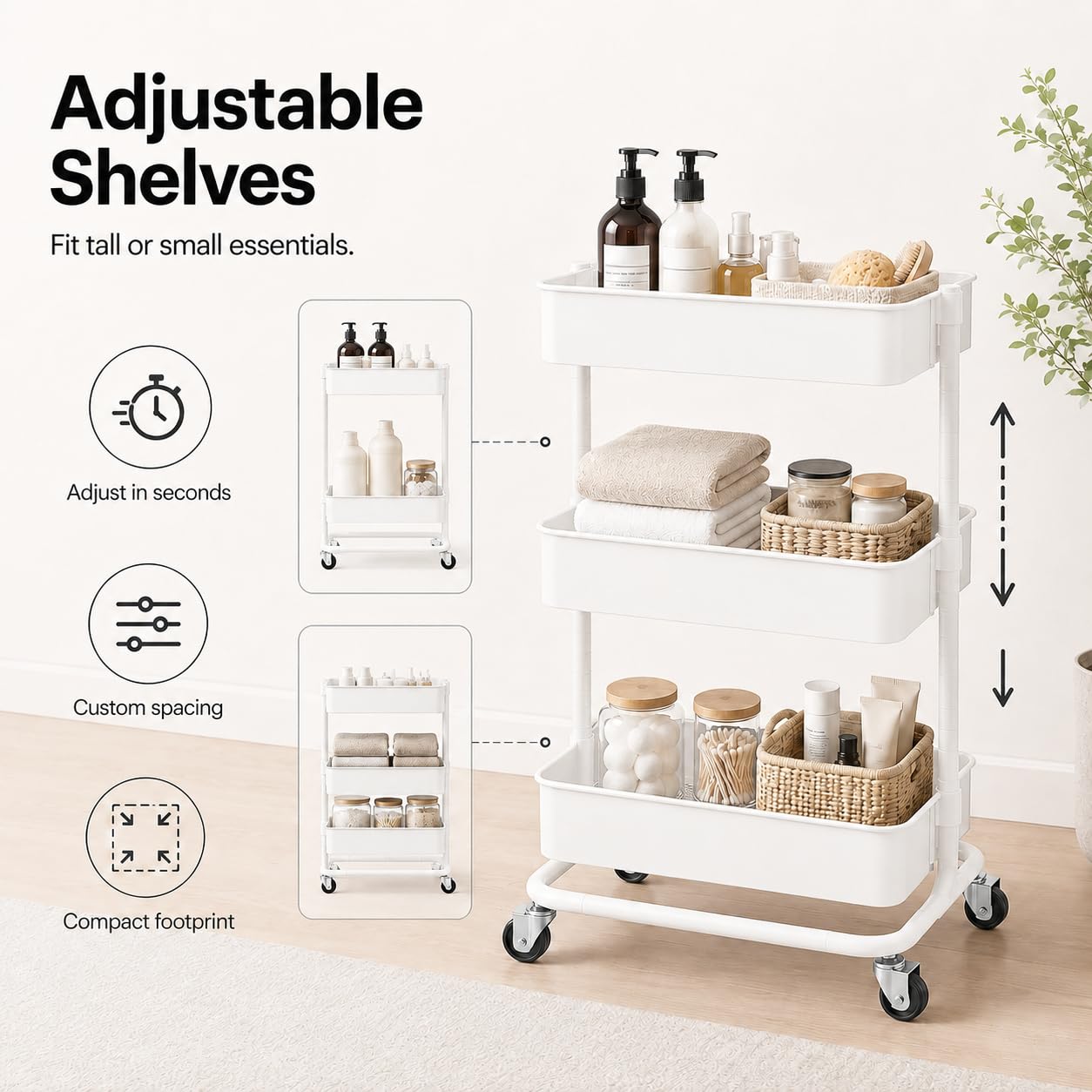 3 Tier Utility Rolling Cart, Heavy Duty Metal Rolling Cart with Wheels, Storage Organizer, Portable Mobile Shelving Unit for Office, Bathroom, Kitchen (White)