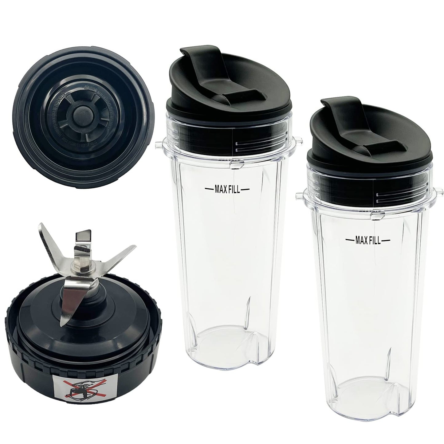 Blender 5-Fins Blade & 2 16oz Single Serve Cups with Lids Replacement Parts for Ninja, Base Extractor Blade for Nutri Ninja Blender 700 Watts QB3000, QB3000SS, QB3000SSW, QB3001SS 30, QB3004, QB3005