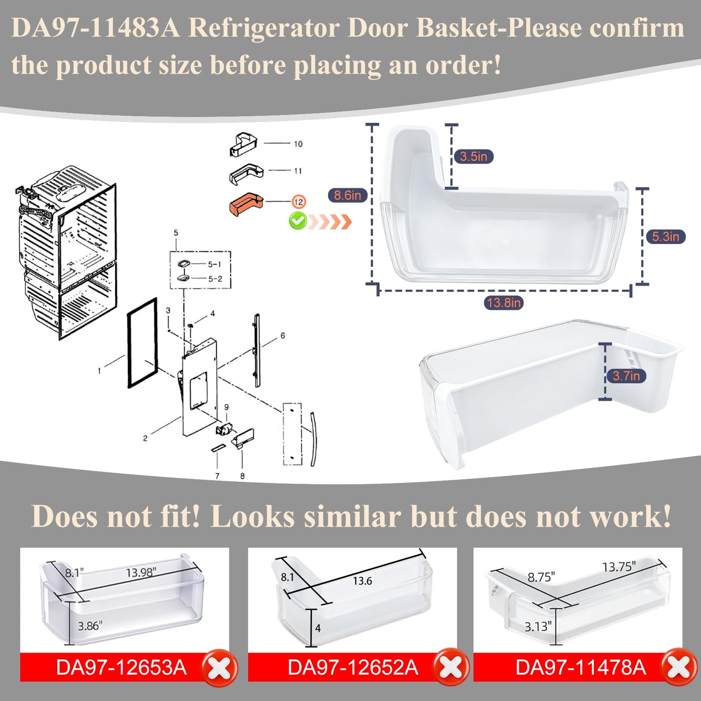 Upgraded DA97-11483A Refrigerator Door Bin Compatible with Samsung Refrigerator Left Lower Door Shelf RFG297HDRS, RFG298HDRS, RFG297HDBP, RFG297HDWP, RFG29PHDRS etc, Replace PS4176339 Door Shelf Bin
