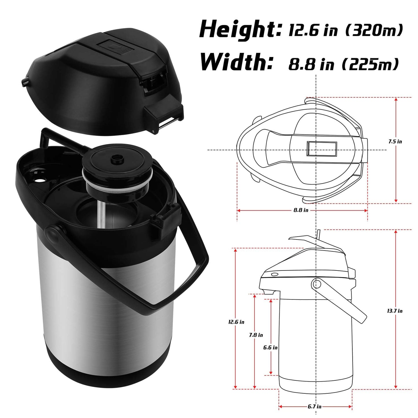 101Oz (3L) Airpot Coffee Carafe with Pump, Stainless Steel Double-wall Insulated Thermal Coffee Carafe Dispenser, 12 Hour Heat 24 Hour Cold Retention