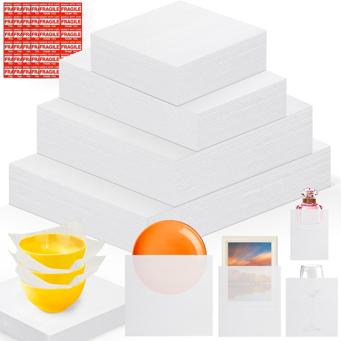 540 pcs Moving Dish Packing Supplies, 290 Cushion Foam Pouches and Sheets, 4 Sizes (16x12", 12x12", 12x7.8", 7.8x7.8") with 250 Fragile Stickers, Foam for Moving, Packaging, Commercial & Household Use