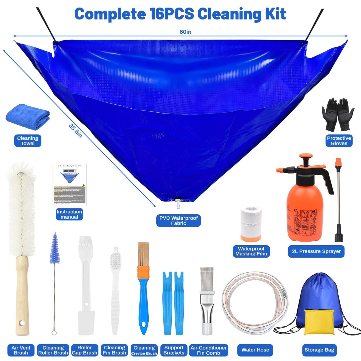 Grnheat 16PCS Mini Split Cleaning Kit - with 2L Pressure Sprayer, Water-Resistant PVC Bag, Brush Set and Extra Fin Comb, Wall Mounted Air Conditioner Tools - for Home DIY Maintenance