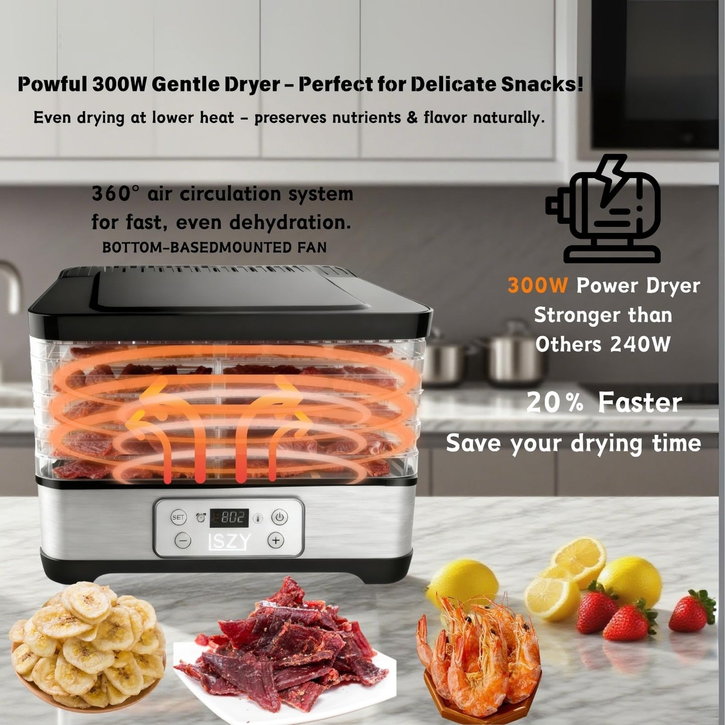 Food Dehydrator Machine-Dehydrators for Jerky Beef Fruit, 300W 158 ℉ Temperature Control & 24H Timer Food Dryer with 5 BPA-Free Trays Fruit Dryer for Herb, Fruit, Dog Treats (Black)