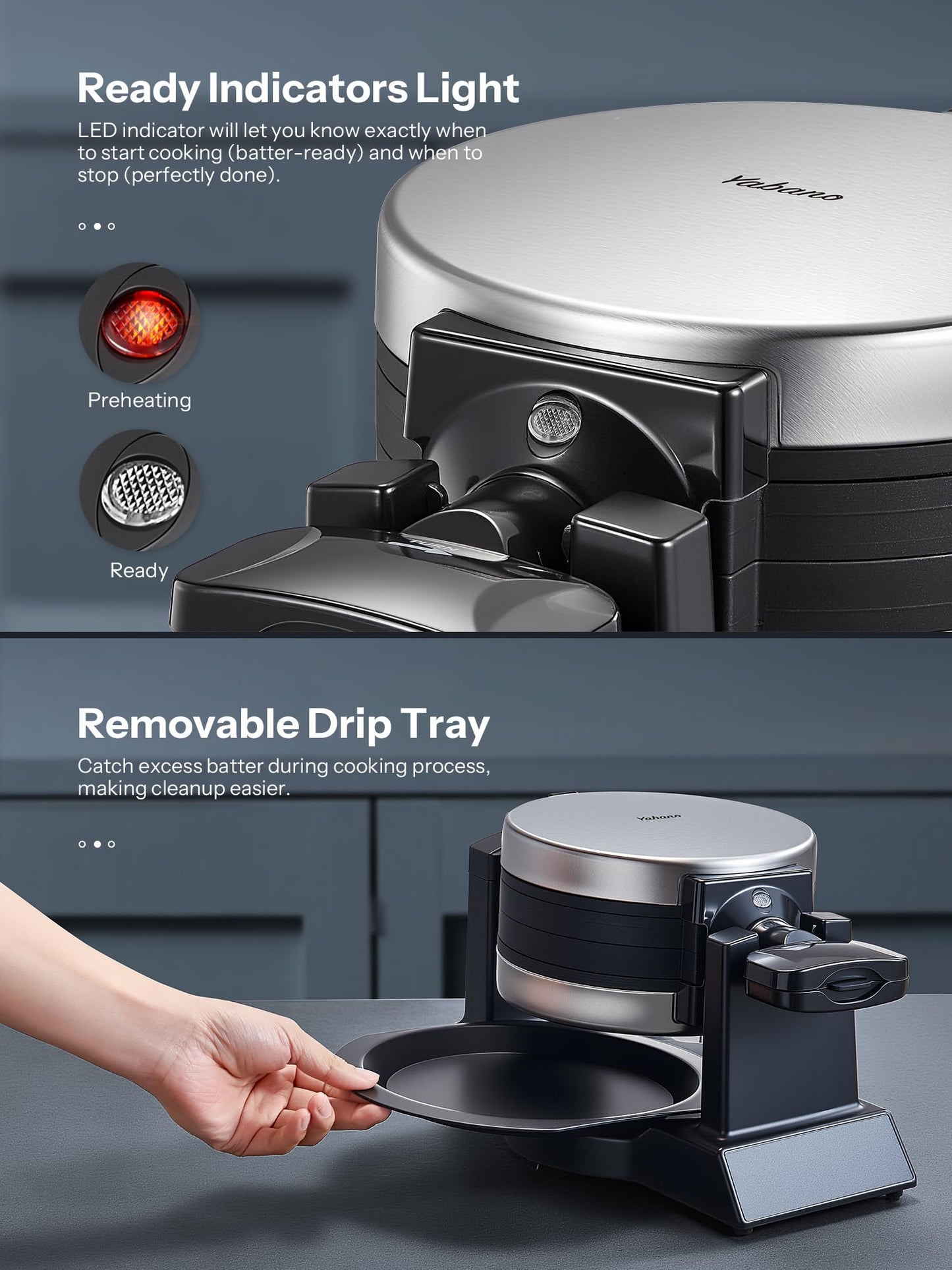 Yabano Belgian Waffle Maker - Professional Rotating Waffle Iron with Double Flip Technology, Nonstick Plates, Removable Drip Tray & Cool-Touch Handles