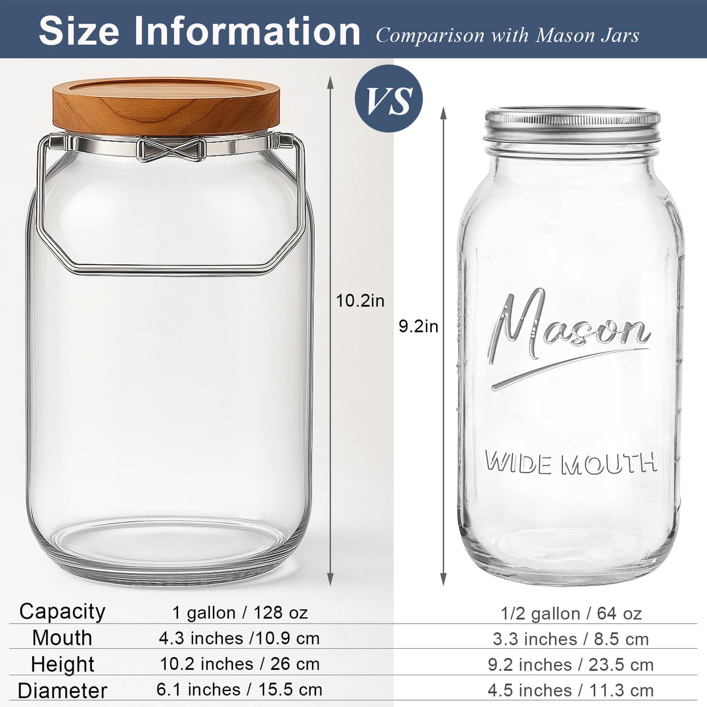 YoenKtss 2 Pack Glass Flour Sugar Storage Containers with Handle, 1 Gallon Glass Jars with Airtight Lid, Wide Mouth Large Mason Jars 128oz for Rice, Pasta, Oats, Coffee Storage