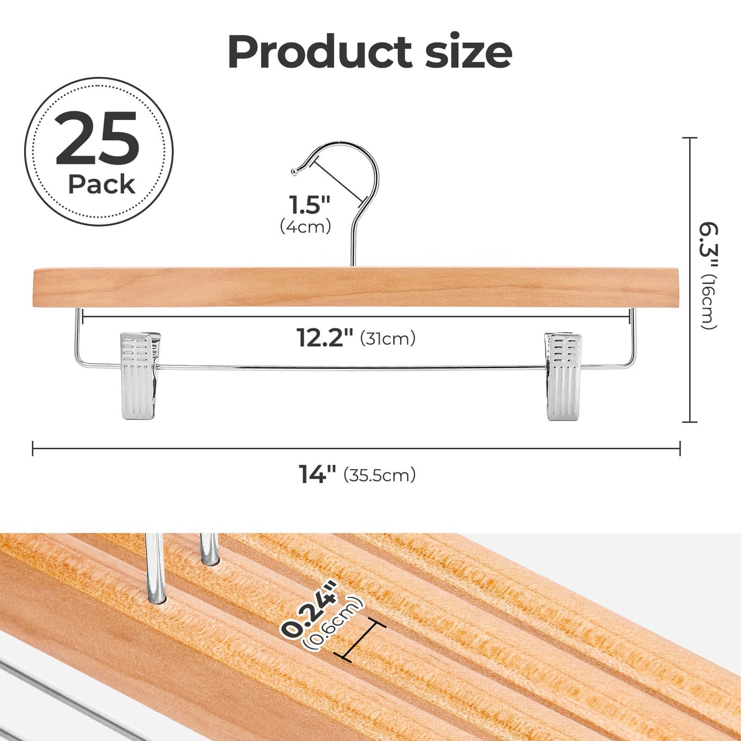 HOUSE DAY Premium Wooden Pants Hangers 25 Pack, Solid Lotus Wood Skirt Hangers with 2-Adjustable Clips, Heavy Duty & Anti Slip Wood Bottom Hanger for Slacks, Jeans, Trousers, Shorts (Natural)