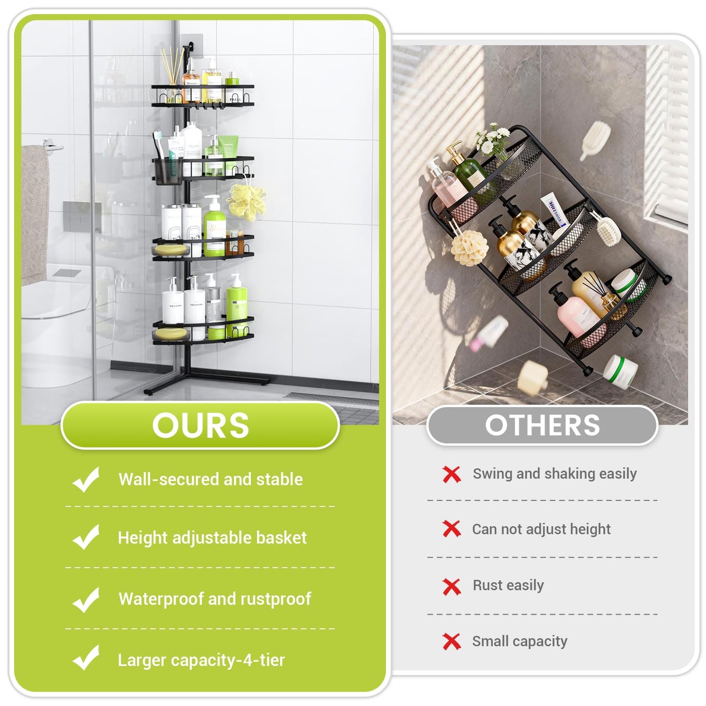 Aitatty Corner Shower Caddy Standing: 4-tier Rustproof Shower Organizer Shelf - Floor Shower Corner Shelf Rack Stand for Bathroom Black