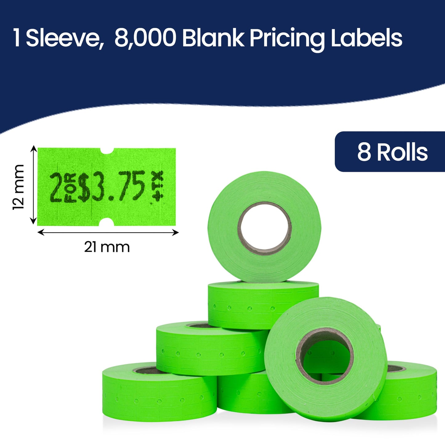 Perco 1 Line Fluorescent Green Labels - 8 Rolls, 1 Sleeve, 8,000 Blank Price and Date Gun Labels for Perco 1 Line Price and Date Guns - Made in USA