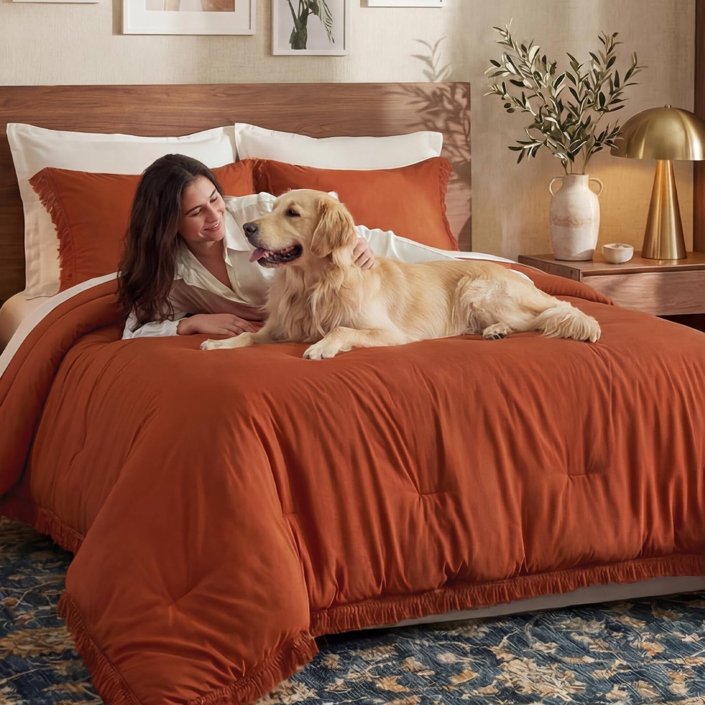 Andency King Size Comforter Set Burnt Orange, 3 Pieces Boho Terracotta Soft Lightweight Bedding Comforter Sets, Rust Tassel All Season Bed Set (104x90In Comforter & 2 Pillowcases)