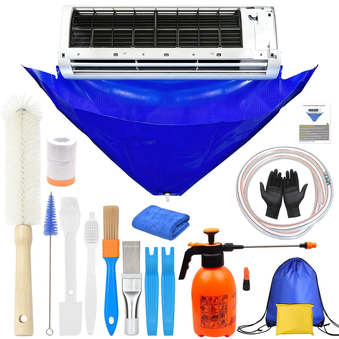 Grnheat 16PCS Mini Split Cleaning Kit - with 2L Pressure Sprayer, Water-Resistant PVC Bag, Brush Set and Extra Fin Comb, Wall Mounted Air Conditioner Tools - for Home DIY Maintenance