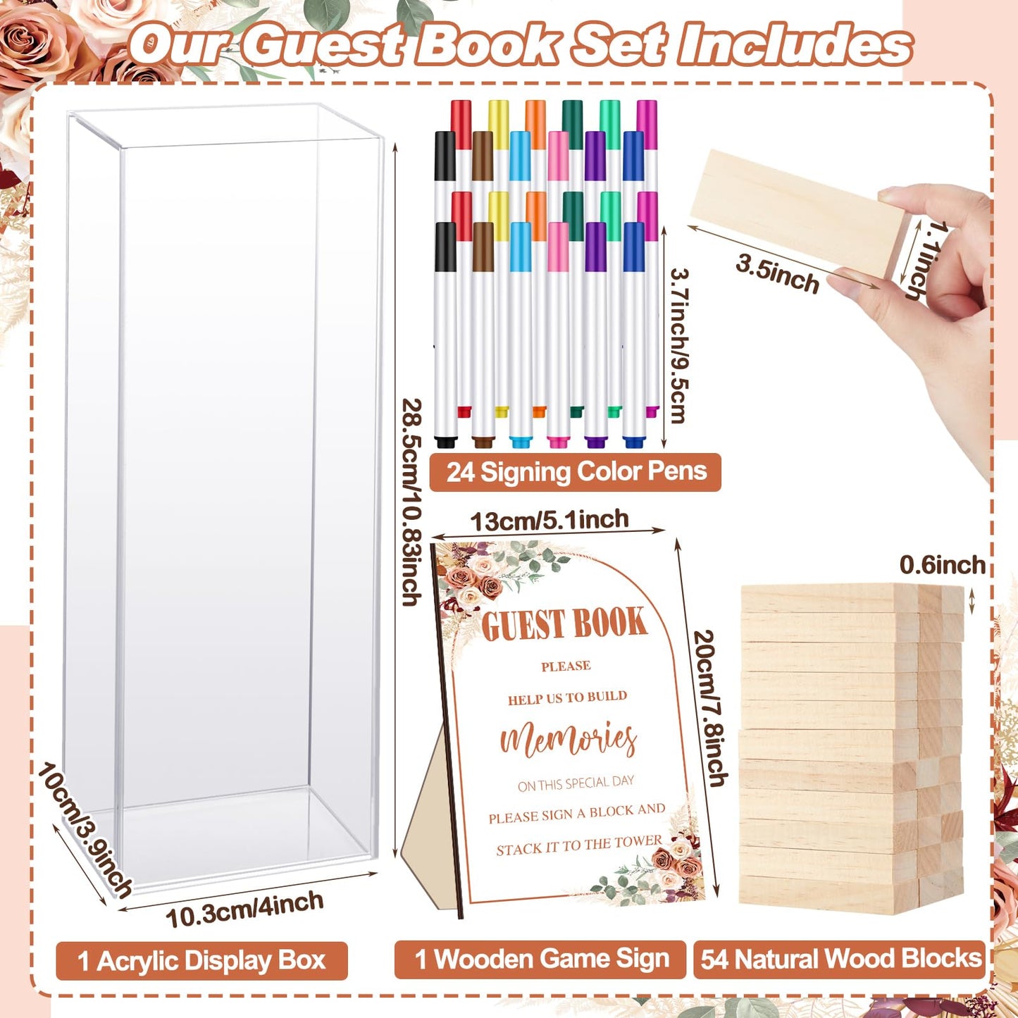 Beeveer 80 Pcs Wedding Guest Book Alternative Wooden Block Guest Book for Wedding Sign in Bridal Shower Decoration 54 Pcs Wooden Block Bridal Shower Game for Sign in, Reception(Rustic)