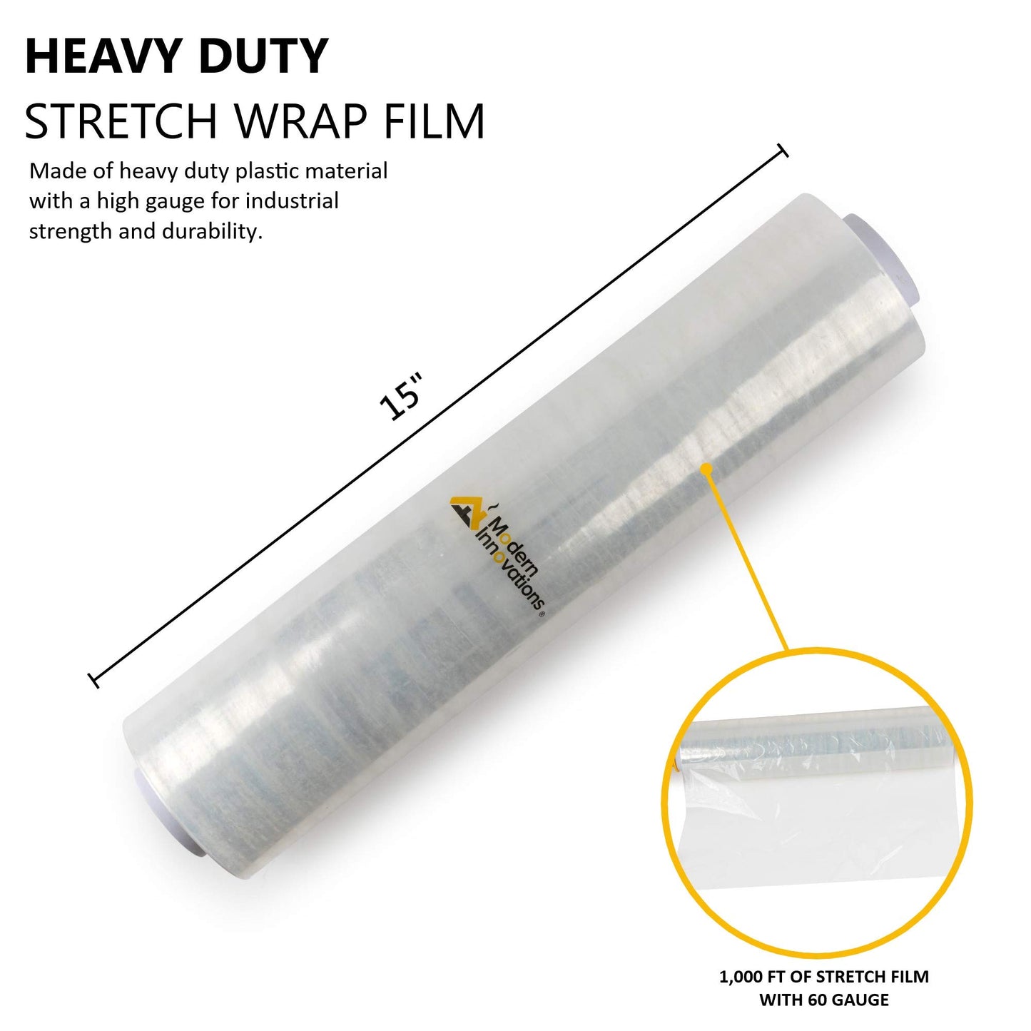 Modern Innovations 15 Inch Clear Stretch Wrap Replacement Roll (4 Refill Rolls-4000 Feet) No Handle, Shrink Wrap for Moving, Packing Supplies for Wrapping Furniture, Plastic Pallet Cling