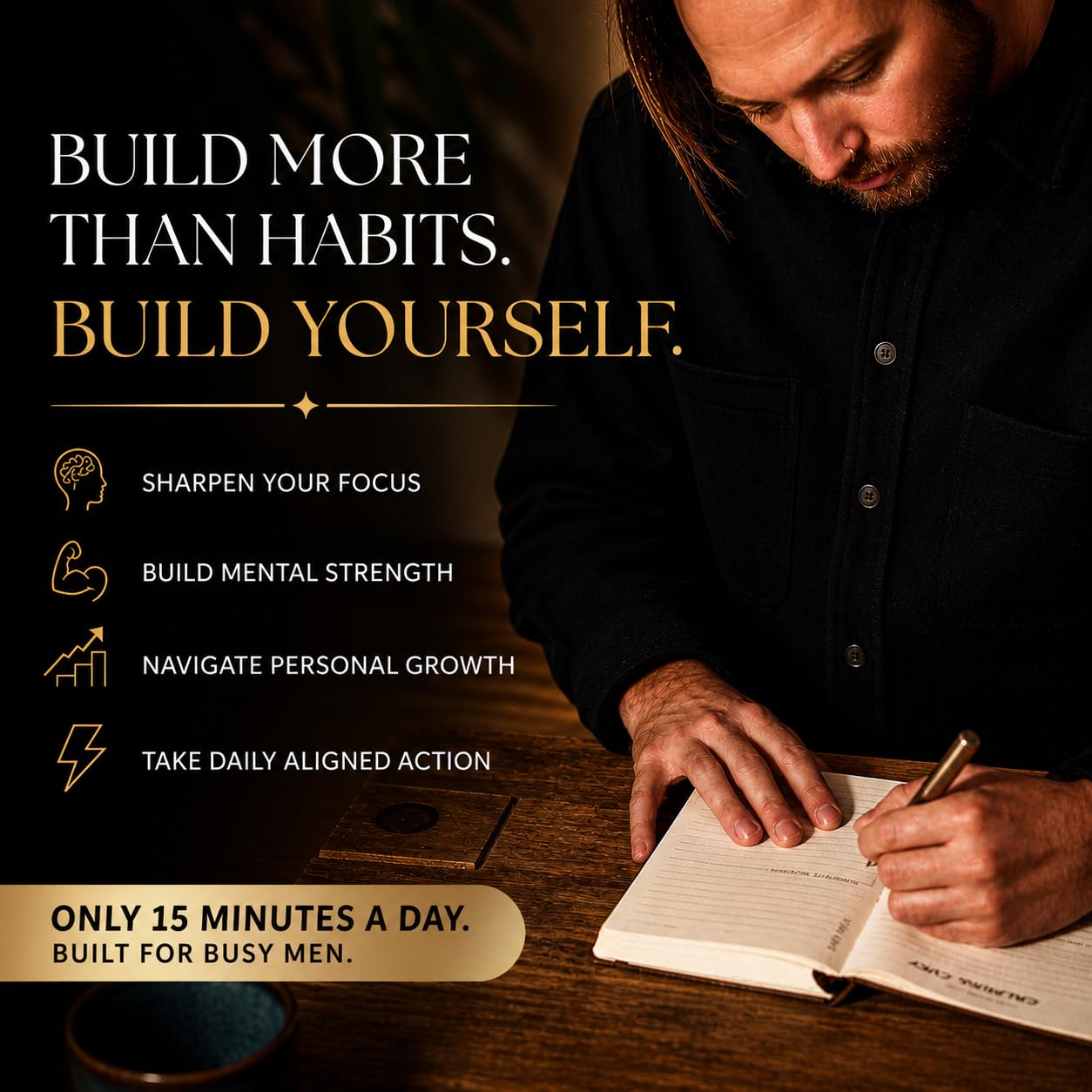 Journal & Pen Set for Men | Guided Mindfulness Journal with Brass Pen | 13-Week Self Mastery System for Gratitude, Reflection & Self Improvement | A5 Vegan Leather | Premium Gift Box