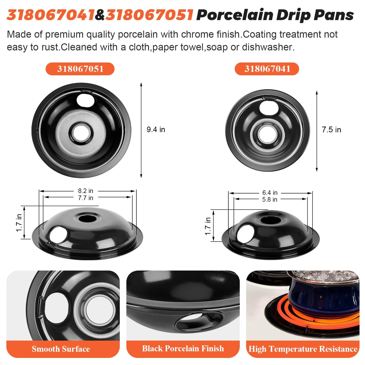 【UPGRADED】5304430149 5304430150 Porcelain Drip Pan Bowls & MP22YA Electric Range Burner Element Unit Set Fit for Frigidaire Kenmore Crosley Range Oven Stove Replace 318067041 318067051 by Beaquicy