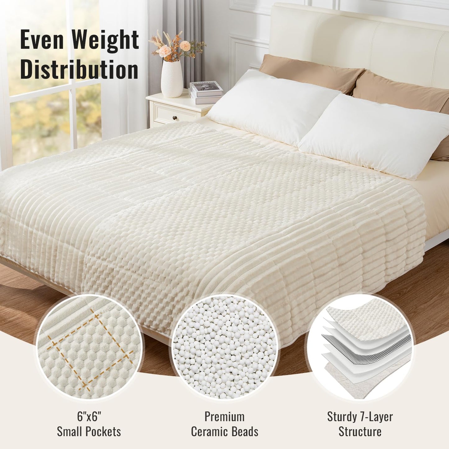 Uttermara Weighted Blanket for Adults Queen Size 15lbs, Soft Cozy Sherpa Fleece Heavy Blanket for Sleep and Calm, Fuzzy Warm Jacquard Bed Blanket, 60 x 80 Inches, Cream White