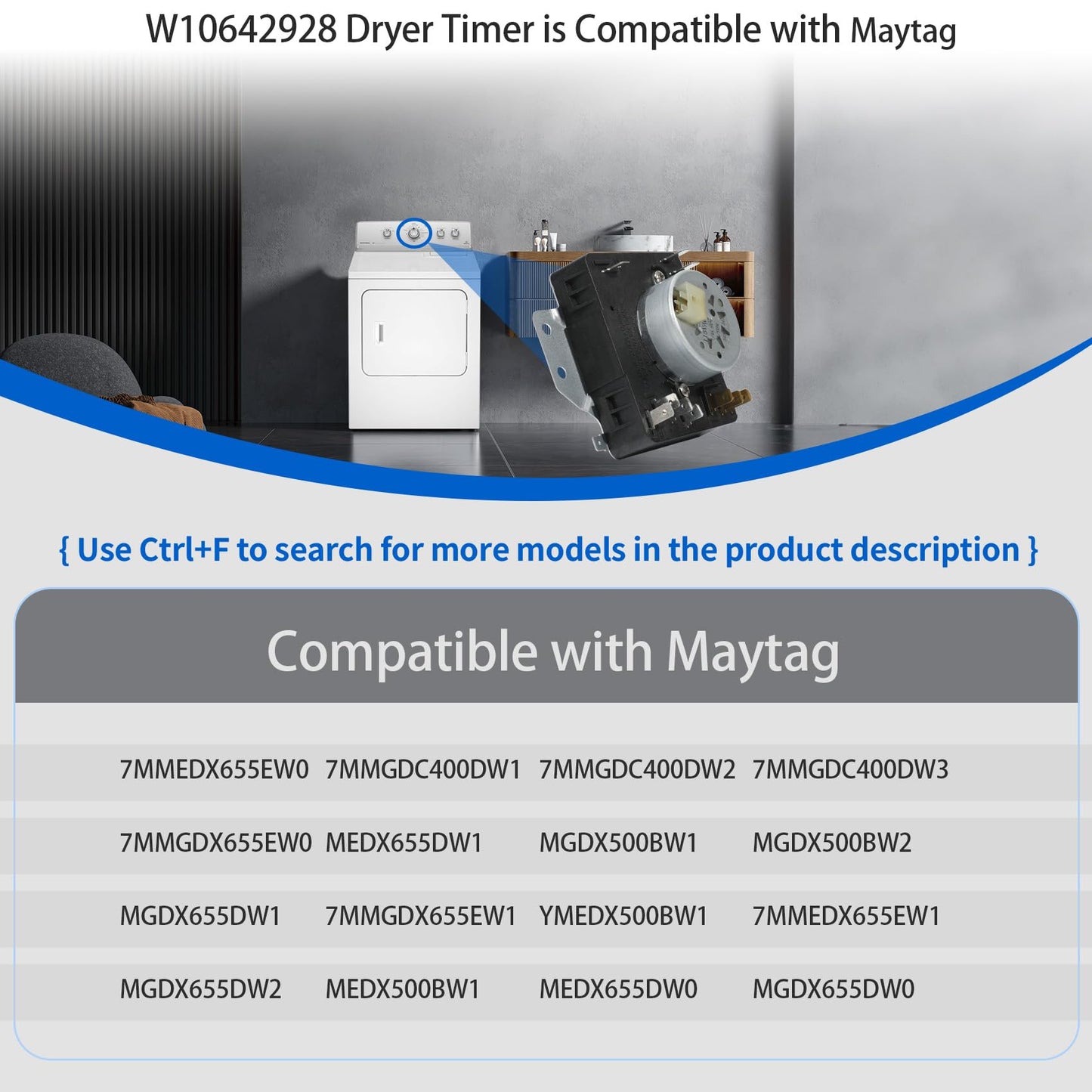 W10642928 C WPW10642928 Dryer Timer Compatible with Maytag Dryer Timer MGDX655DW0 MGDX655DW2 MEDX655DW0 MEDX655DW1 MGDX500BW1 MGDX500BW2 MGDX655DW1 115VAC 60Hz, Replacement 418-098-20-B5 4448993