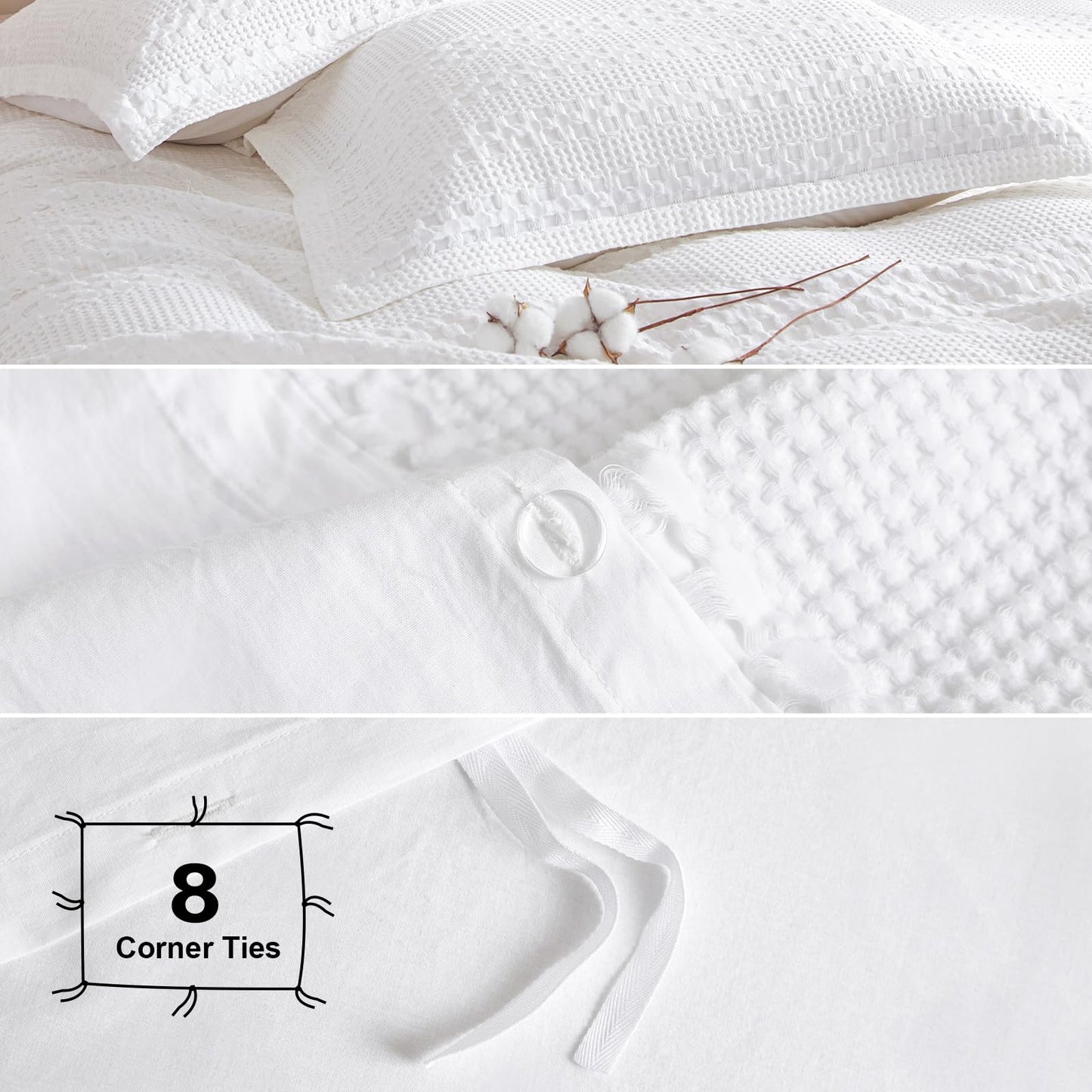 PHF 100% Cotton Waffle Duvet Cover King Size, Soft Breathable Cotton Bedding Duvet Cover Set for All Season, Weave Luxury Textured Design for All Home Decor, 3 Pieces, 104"x90", White