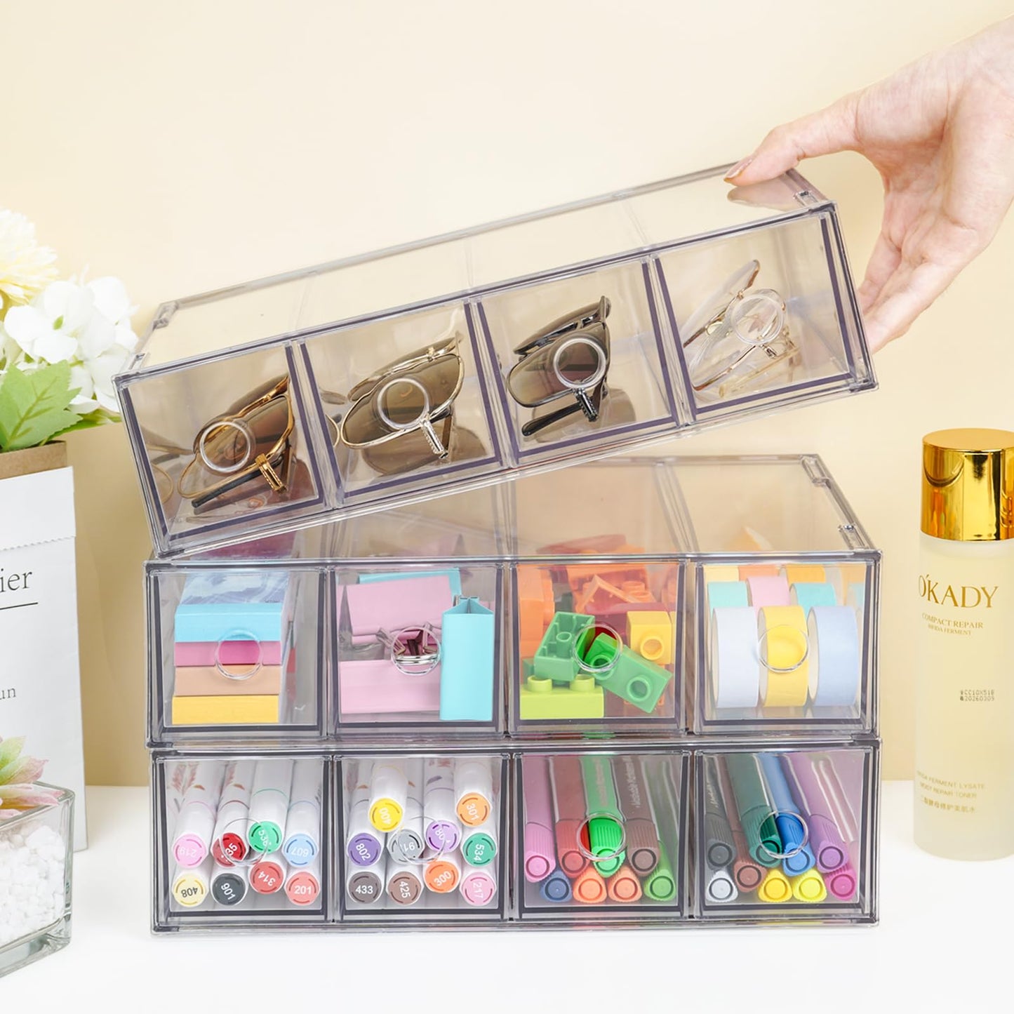 Desk Organizer with 12 Drawers, FODIENS 3 Packs Stackable Desktop Storage Box with Removable Drawer, Clear Sunglasses Organizer Display Case for Stationery Marker Pens Eyeglasses Office Supply
