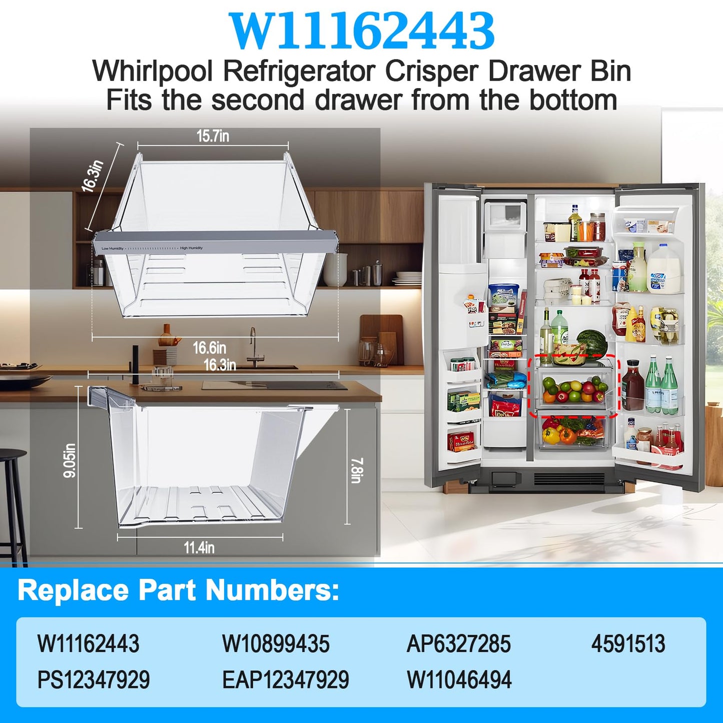 UPGRADED W11162443 Refrigerator Crisper Drawer Compatible with Whirlpool Crisper Drawer W10899435 Whirlpool Fridge Drawer W11046494 Maytag Refrigerator Drawer WRS325SDHZ WRS315SDHZ WRS315SDHM Drawer