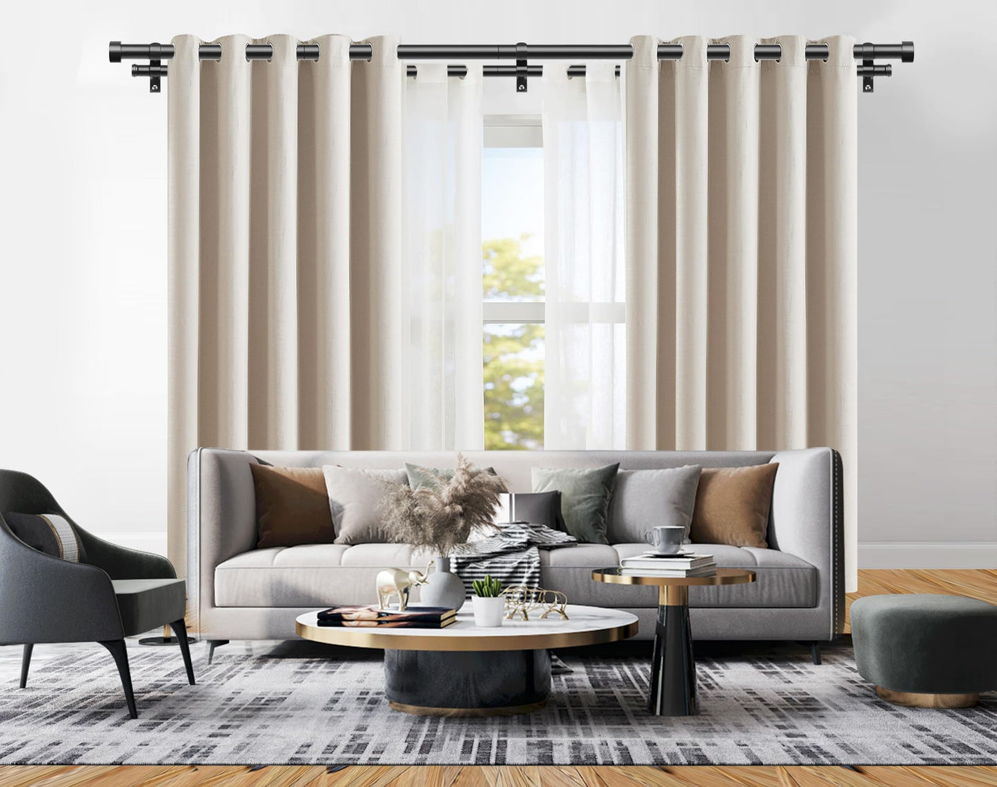 KAMANINA Double Curtain Rod for Windows 140 to 195 Inches (12-16 Feet), 1 Inch Heavy Duty Black Curtain Pole, Adjustable Double Rods with End Caps