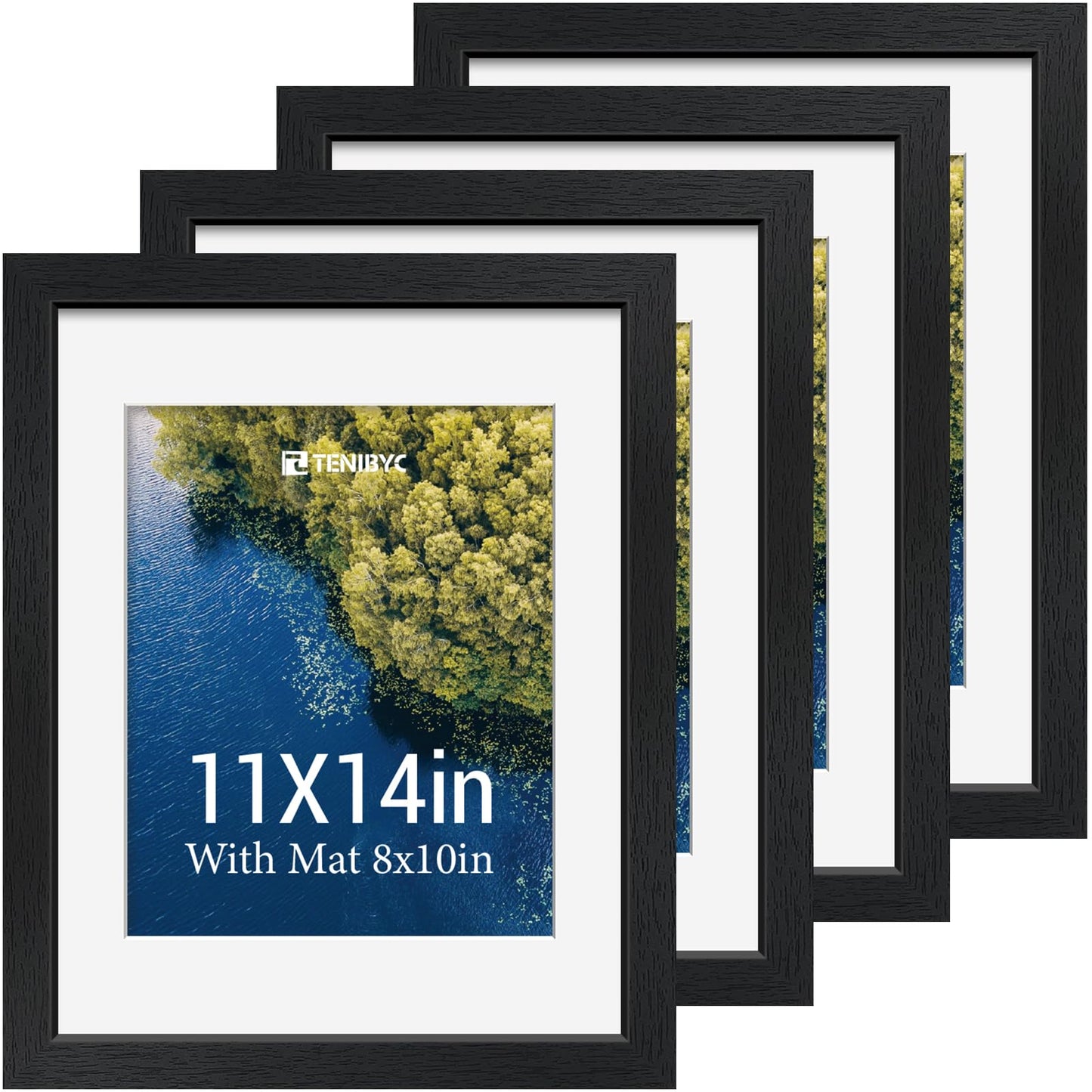TENIBYC 11x14 Picture Frame Set - 4 Pack, Black Wood Photo Frames - Tempered Glass - Displays Photos 8x10 with Mat or 11 x 14 without - Room, Office, Gallery, Studio, and Hallway Decor - Wall Hanging
