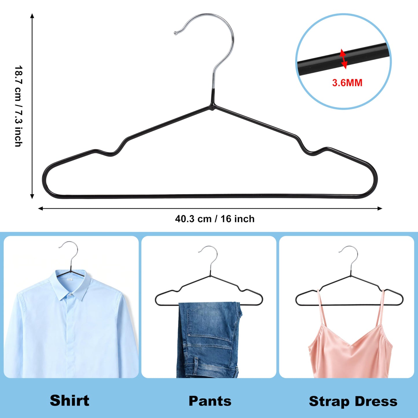 Quality 16-Inch ClosetMax Metal Non-Slip Hangers – 50-Pack – Thin 3.6MM Space Saving with PVC Rubber Coating, Anti-Rust, Chrome Hook – for Everyday Lightweight Clothing (50, Black, 16 Inch)