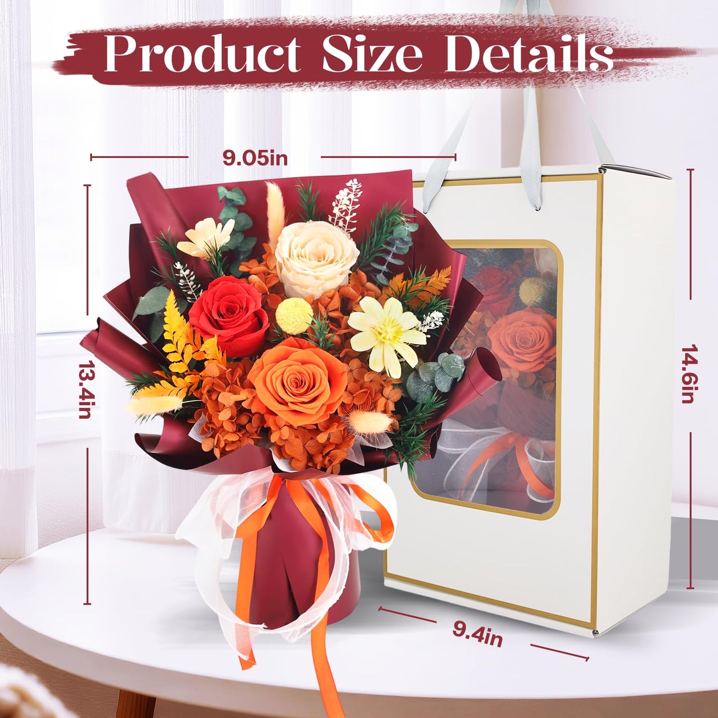 Preserved Flowers for Delivery, Orange Flowers Fresh Bouquet with Gift Box, Forever Eternal Rose Gifts for Women Mom Wife on Christmas, Valentines Day, Mother's Day, Birthday