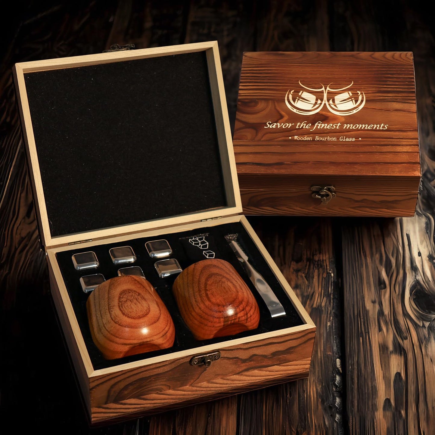 Charred Wooden Bourbon Drinking Glass, Bourbon Gifts for Men, Handcrafted Retirement Whiskey Glasses for Dad, Great Whiskey Gifts for Men, Perfect Presents for Boyfriend Father Friends, 2 Set Cup