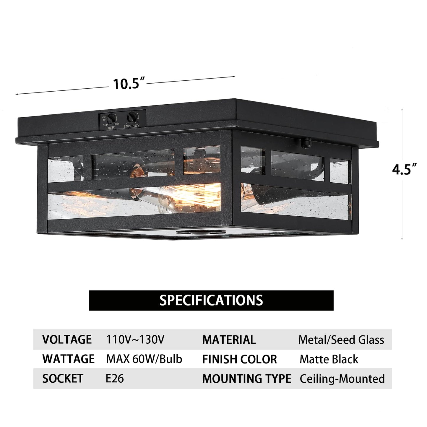CALOKES Outdoor Flush Mount Motion Sensor Ceiling Light - Timeless Industrial Design with Seeded Clear Glass for Your Porch, Driveway, Covered Patio, Farmhouse, and Entryway