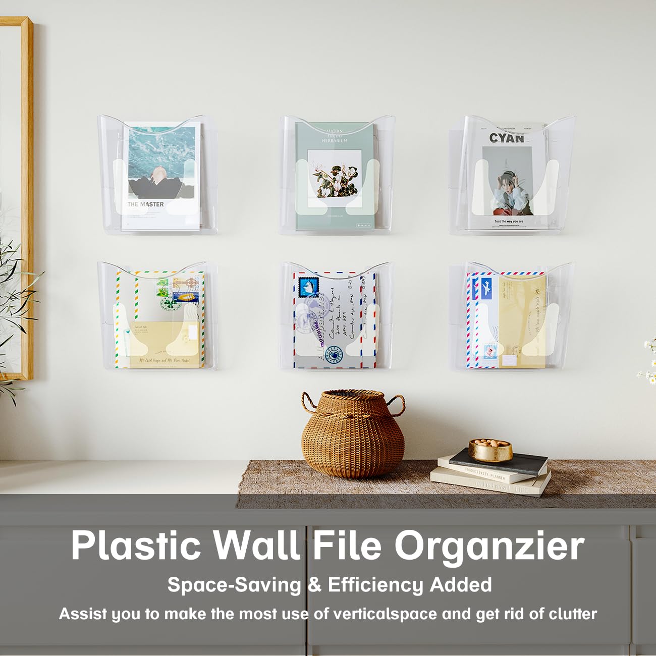 PAG 6-Pocket Clear Wall Mount File Organizer for Office, Vertical Hanging Document Paper Folder Holder for Home, Letter Size Mail Sorter, Transparent Magazine Literature Rack with Mounting Hardware